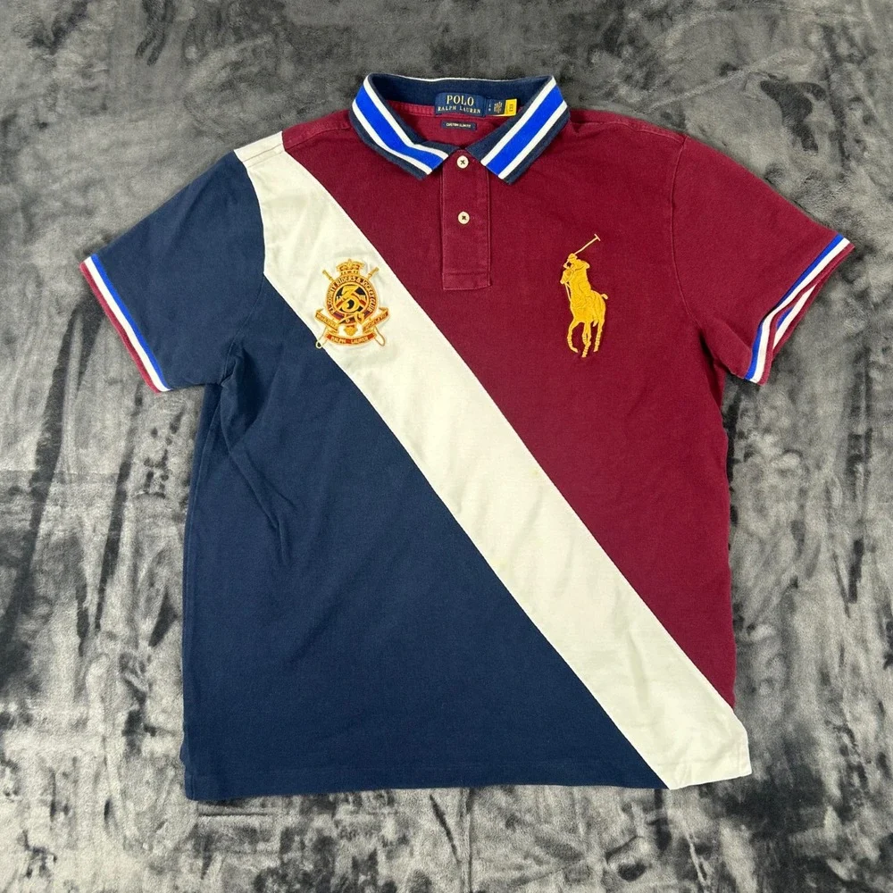 Polo Ralph Lauren Polo Shirt Mens L Maroon Blue White Big Pony Crest 3184